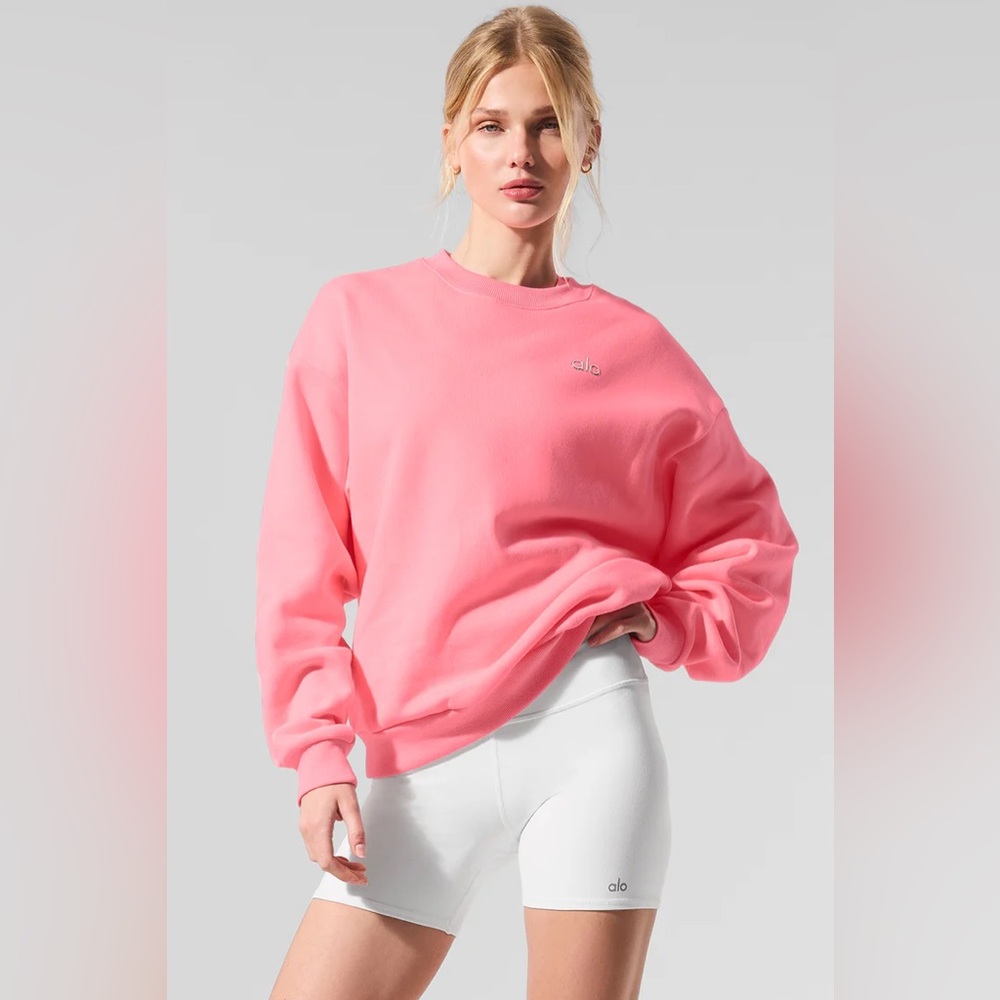 Alo Yoga Accolade Crew Neck Pullover Sweatshirt Neon Bubblegum Pink XS